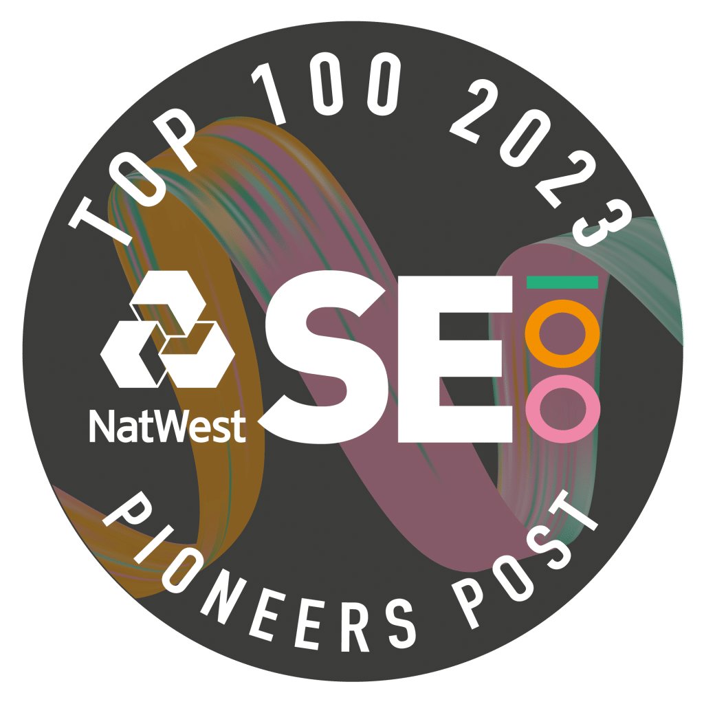 A grey circle graphic with the NatWest SE100 logo and the words Top 100 2023 Pioneers Post.